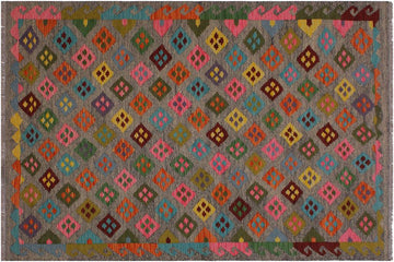 Flat Weave Kilim, Antique, Navaho, Vintage, Handmade, Modern Kilim Grey Pink Hand-Woven Rectangle 100% Wool Area Rug 5 x 7